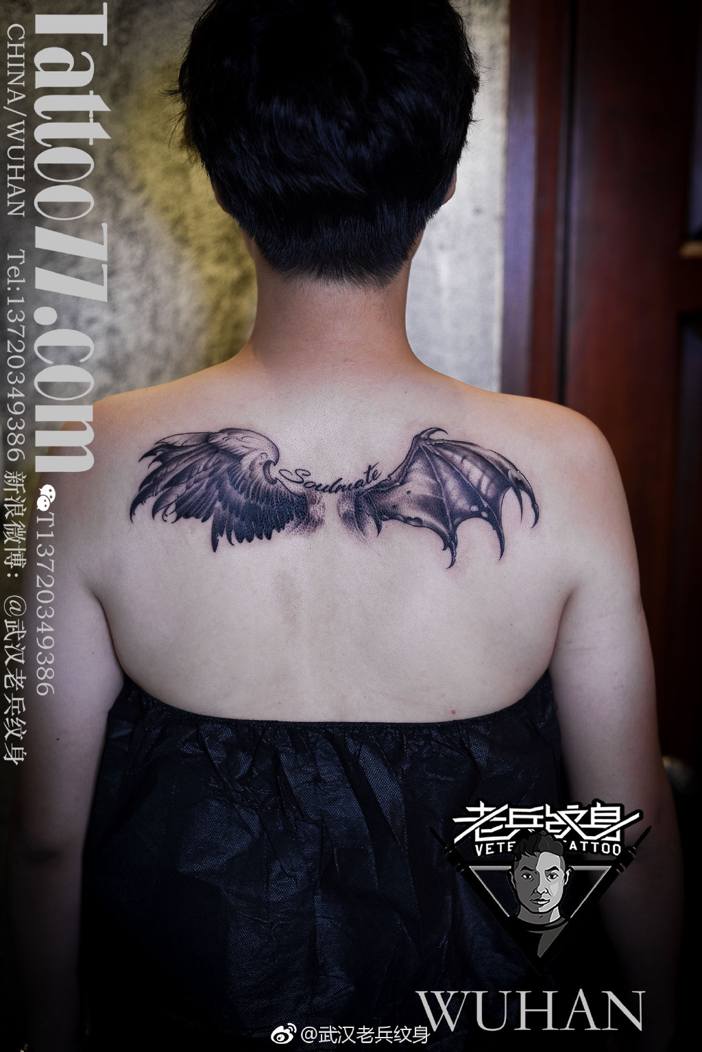 后背天使翅膀英文字母纹身图案-上海纹彩刺青
